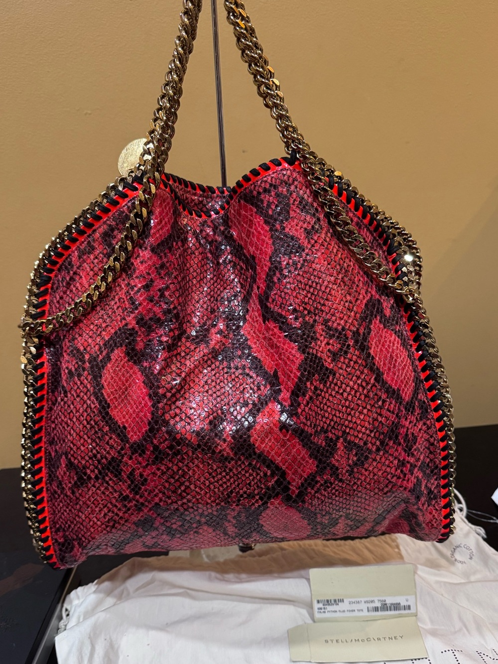Stella McCartney Orange-Red Snake-Print Falabella Tote
